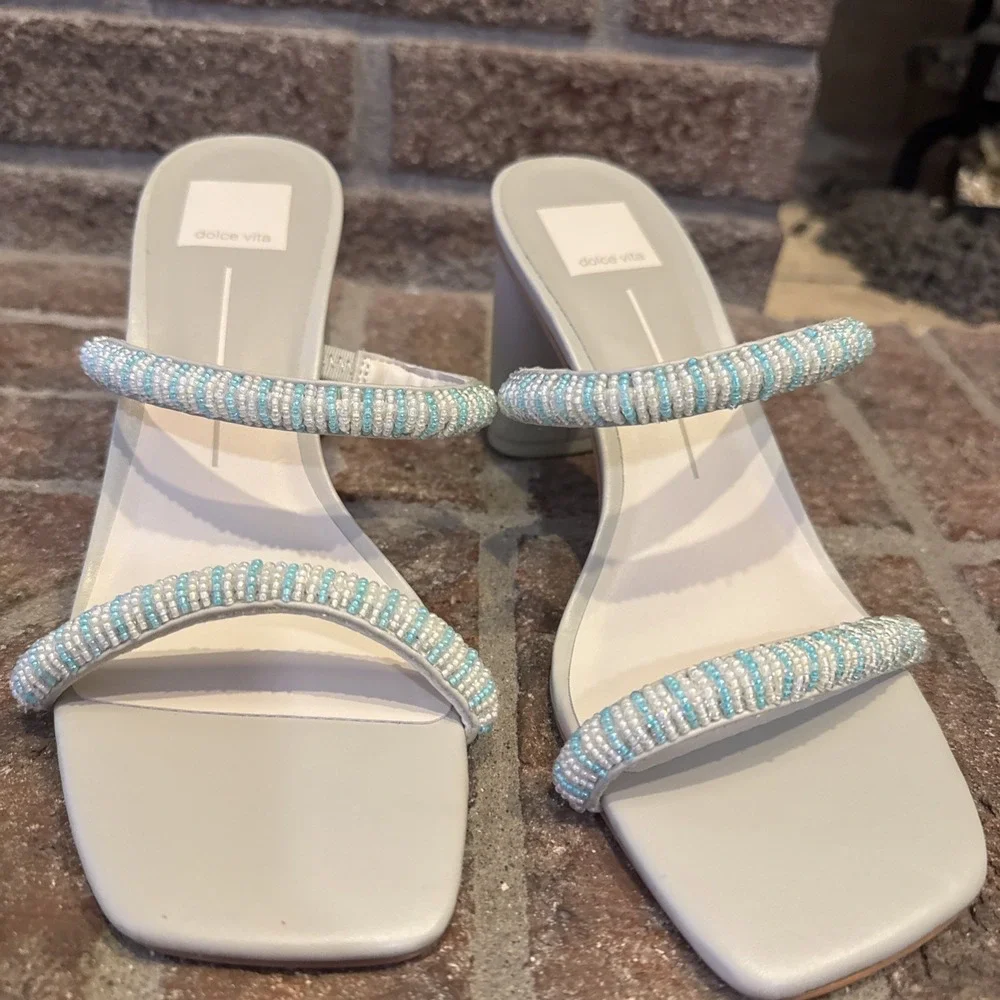Dolce Vita Womens Nolah Beaded Sandals Mint Multi Leather Block Heel Slides 8.5